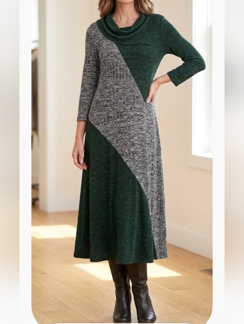 NY Collection Green and Gray Colorblock Knit Long Sleeve Dress with Belt